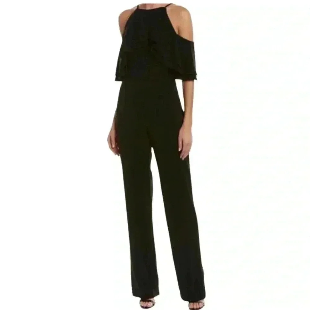 New  Feathers Brand  Cold Shoulder Black Wide Leg Jumpsuit Size L